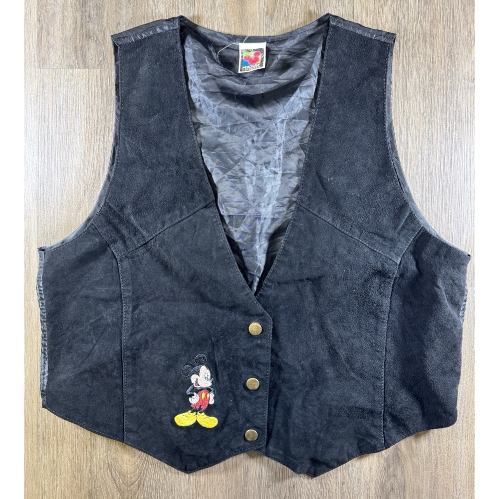 Vintage Mickey‎ Unlimited Suede Vest M/L Black Leather Embroidered Disney 90s